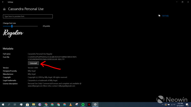 The uninstall page for a font in Windows 10