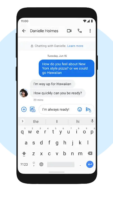 Screenshot of Google Messages with end-to-end encryption turned on for a one-on-one conversation