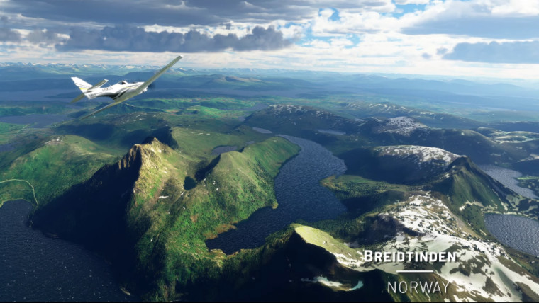 The gorgeous Breidtinden mountains of Norway in MS Flight Simulator