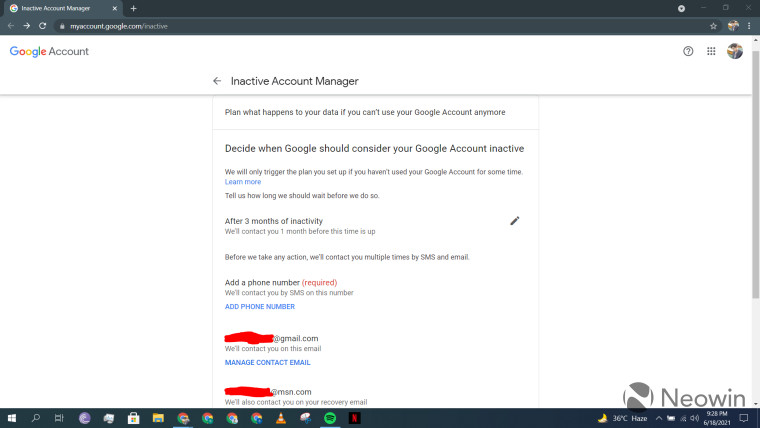 A screenshot of the setup page for Google Inactive Account Manager