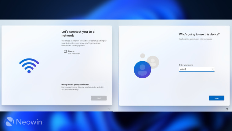 Windows 11 Home connection and local account creation screens displays side by side
