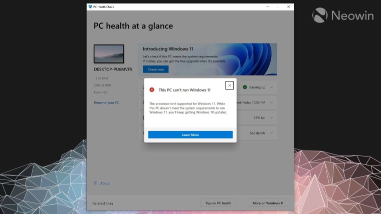 Windows PC Health Check app saying that the PC cannot be updated to Windows 11 due to CPU issues