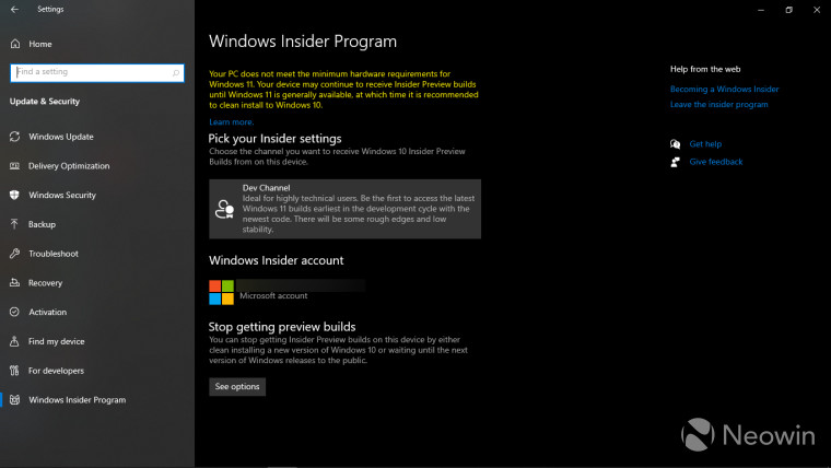 Windows Settings screenshot showing Windows Insider settings