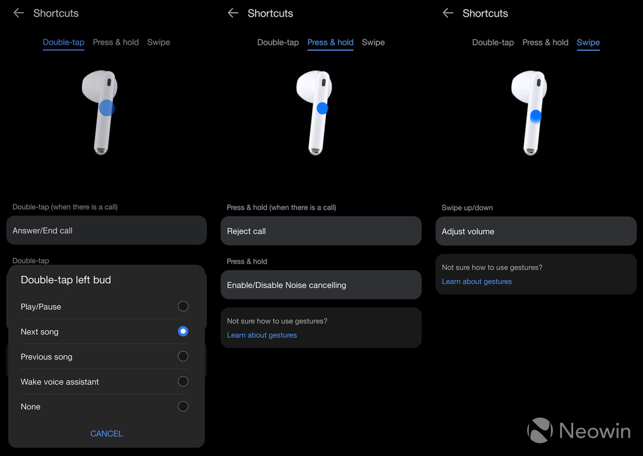 Gesture controls for the Huawei FreeBuds 4 within the AI Life app