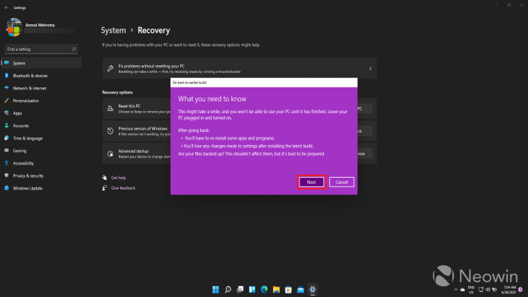 Screenshot of Windows Settings