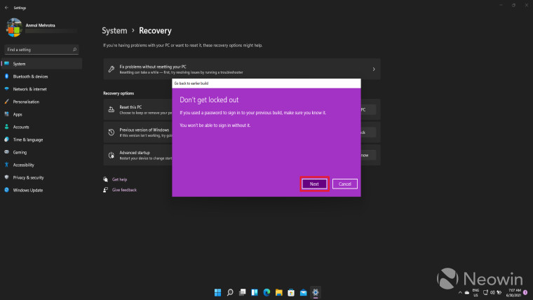 Screenshot of Windows Settings