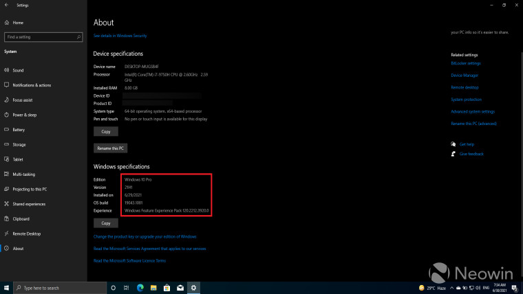 Screenshot of Windows Settings