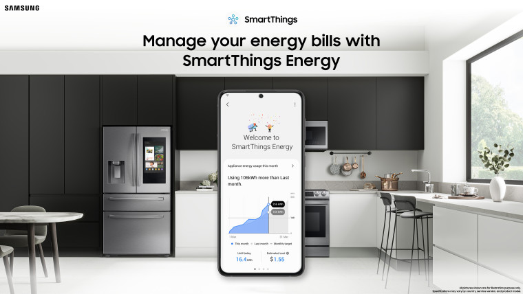 A screenshot of SmartThings Energy in front of a backdrop of a kitchen