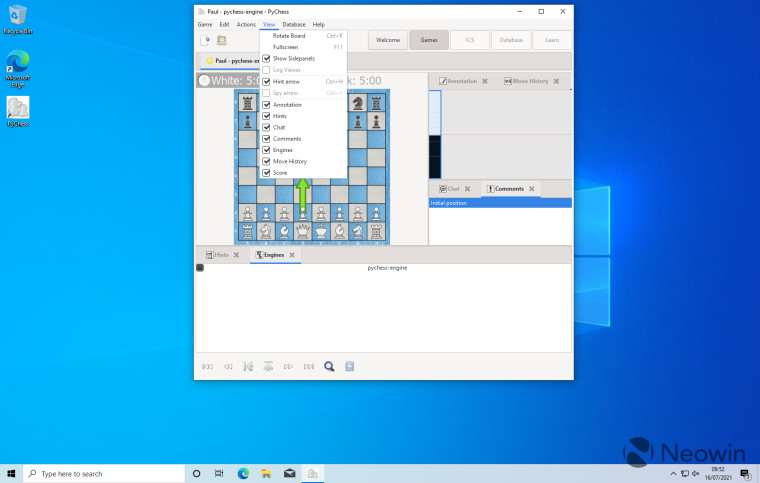 Screenshot of PyChess running on Windows