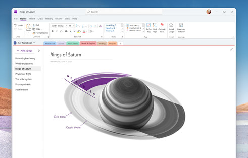 A mockup of the unified OneNote app housing rounded corners and tabbed UI