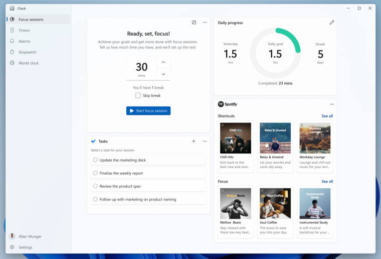 Clock app on Windows 11 with Spotify integration and timers