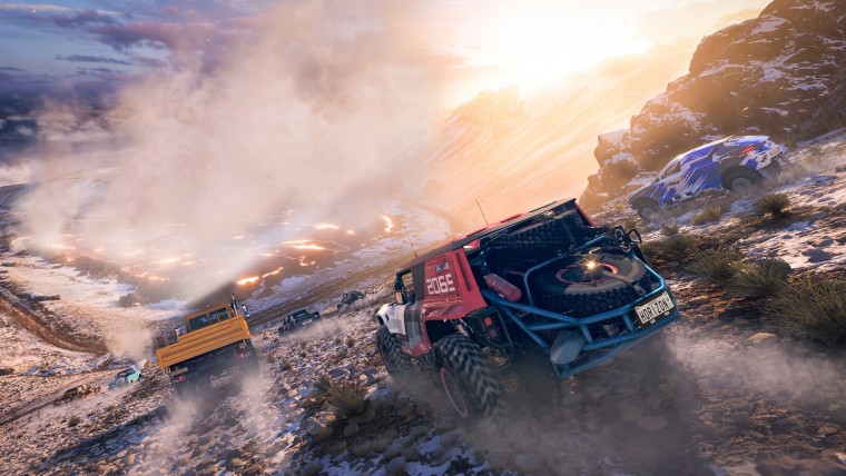 Forza Horizon 5 screenshot showing a volcanoe and two cars