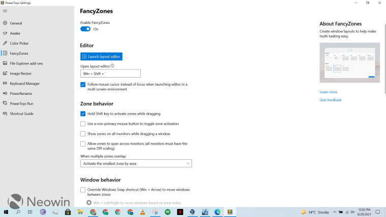 A screenshot of FancyZones in Microsoft PowerToys