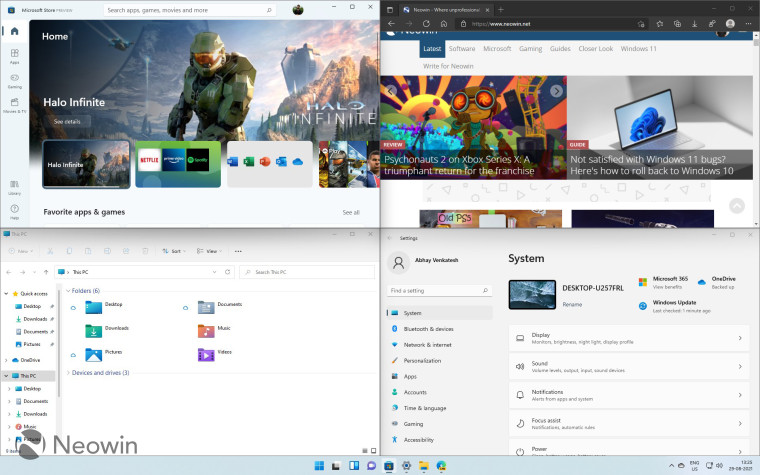 Windows 11 Snap Group feature displaying File Explorer Store Edge and Settings apps