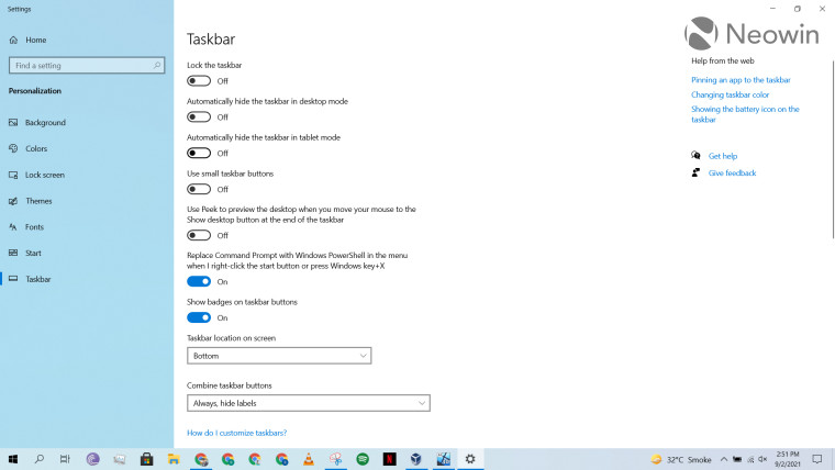 A screenshot of Windows 10 taskbar settings