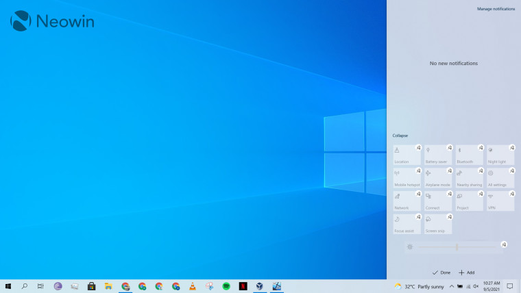 A screenshot of Action Center open on Windows 10