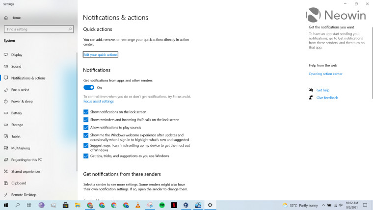 A screenshot of the notifications and quick settings in Windows 10