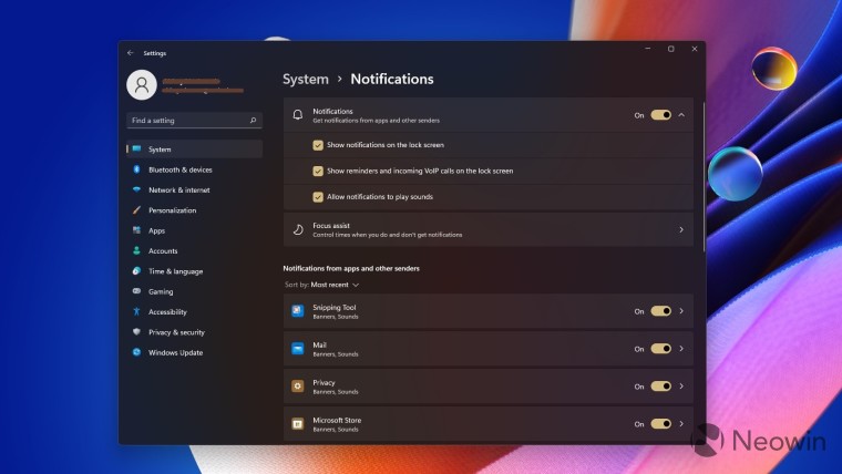 Windows 11 Notification Settings to set notification preferences by app