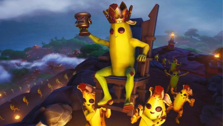 Fortnite&039s Peely sitting on a throne with other bananas carrying him