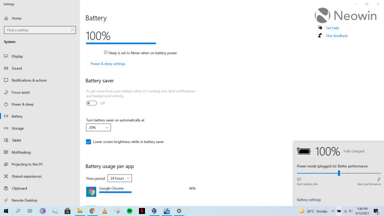 A screenshot of power and battery settings in Windows 10