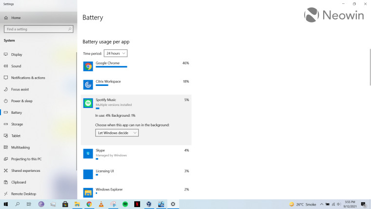 Battery usage per app in Windows 10