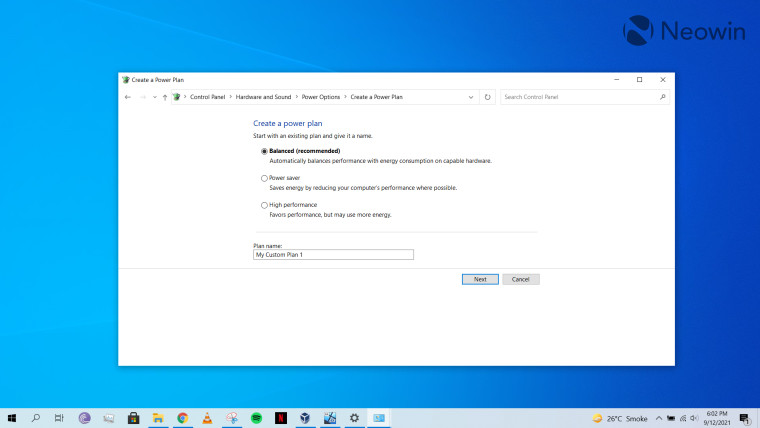 Power plan settings in Windows 10