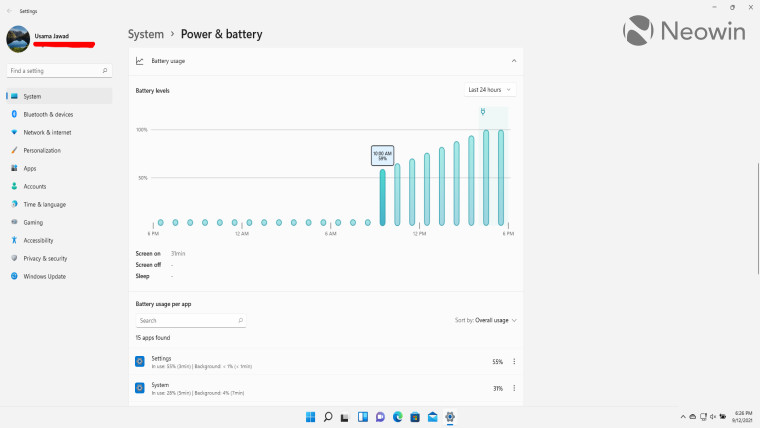 Battery Usage graph in Windows 11