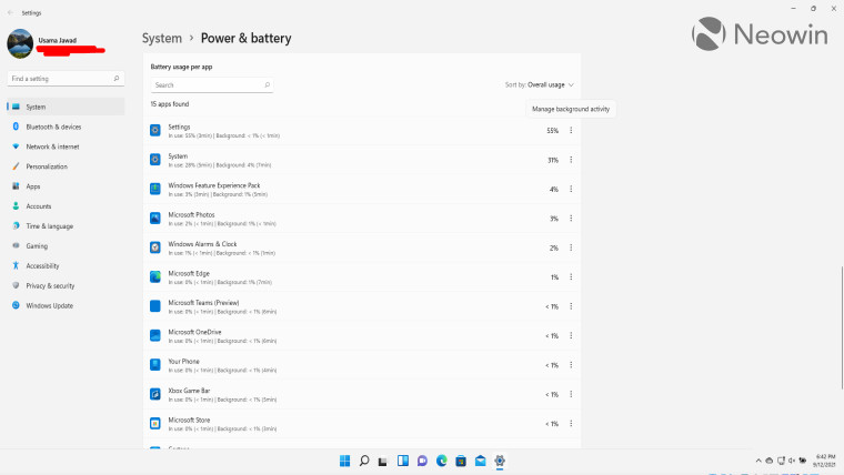 Battery usage per app in Windows 11