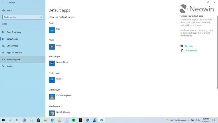 Screenshot of Default Apps settings in Windows 10