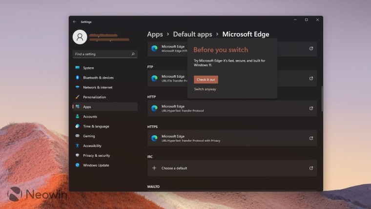 Microsoft Edge Default Apps settings in Windows 11