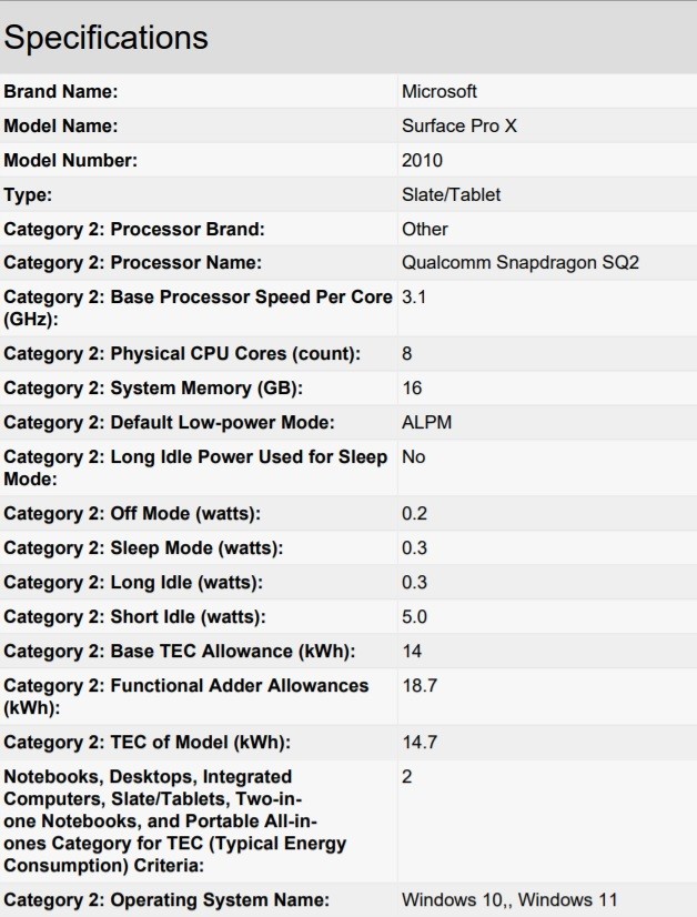 Surface Pro X 2021 certification