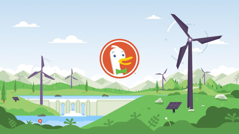 DuckDuckGo&039s logo in front of cartoon wind turbines