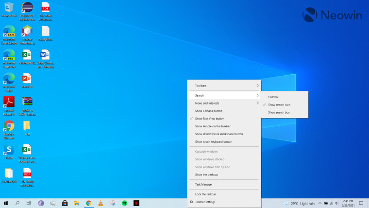 A screenshot of the context menu for taskbar in Windows 10