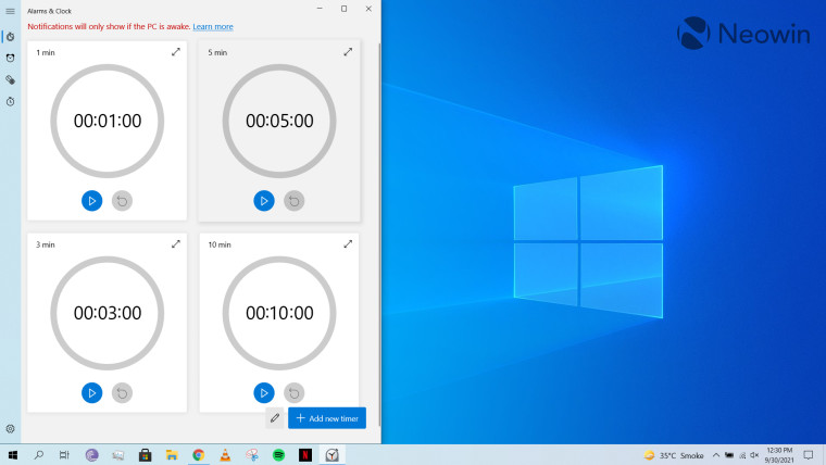 A screenshot of the Timer screen of Alarms & Clock open on Windows 10 desktop