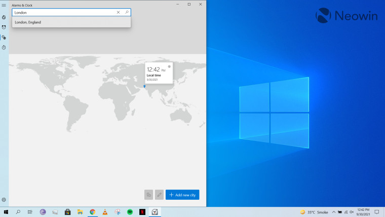 World Clock on Alarms & Clock app open on Windows 10 desktop