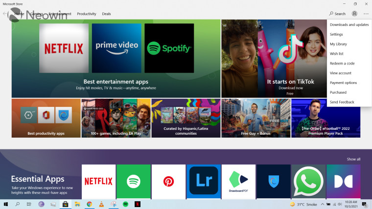 A screenshot of the landing page for the Microsoft Store in Windows 10