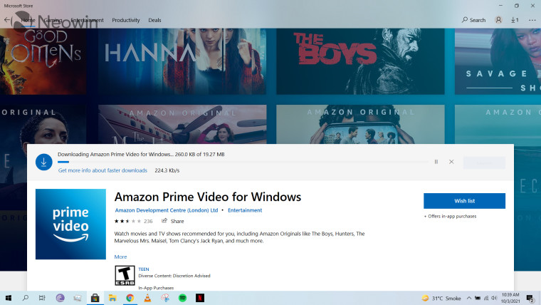 A screenshot of a store listing for Amazon Prime Video on Microsoft Store in Windows 10