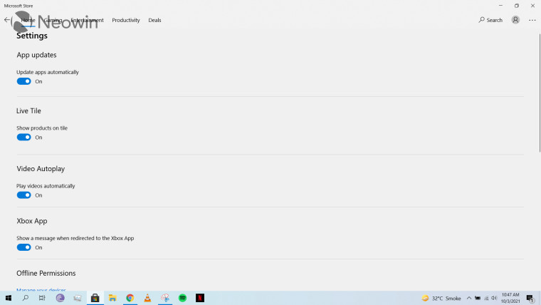 Screenshot of the Settings page in Microsoft Store for Windows 10
