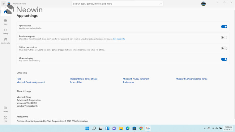 Screenshot of Settings page in Microsoft Store for Windows 11