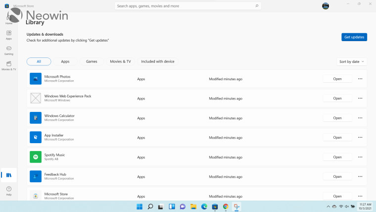 Screenshot of Library page in Microsoft Store for Windows 11