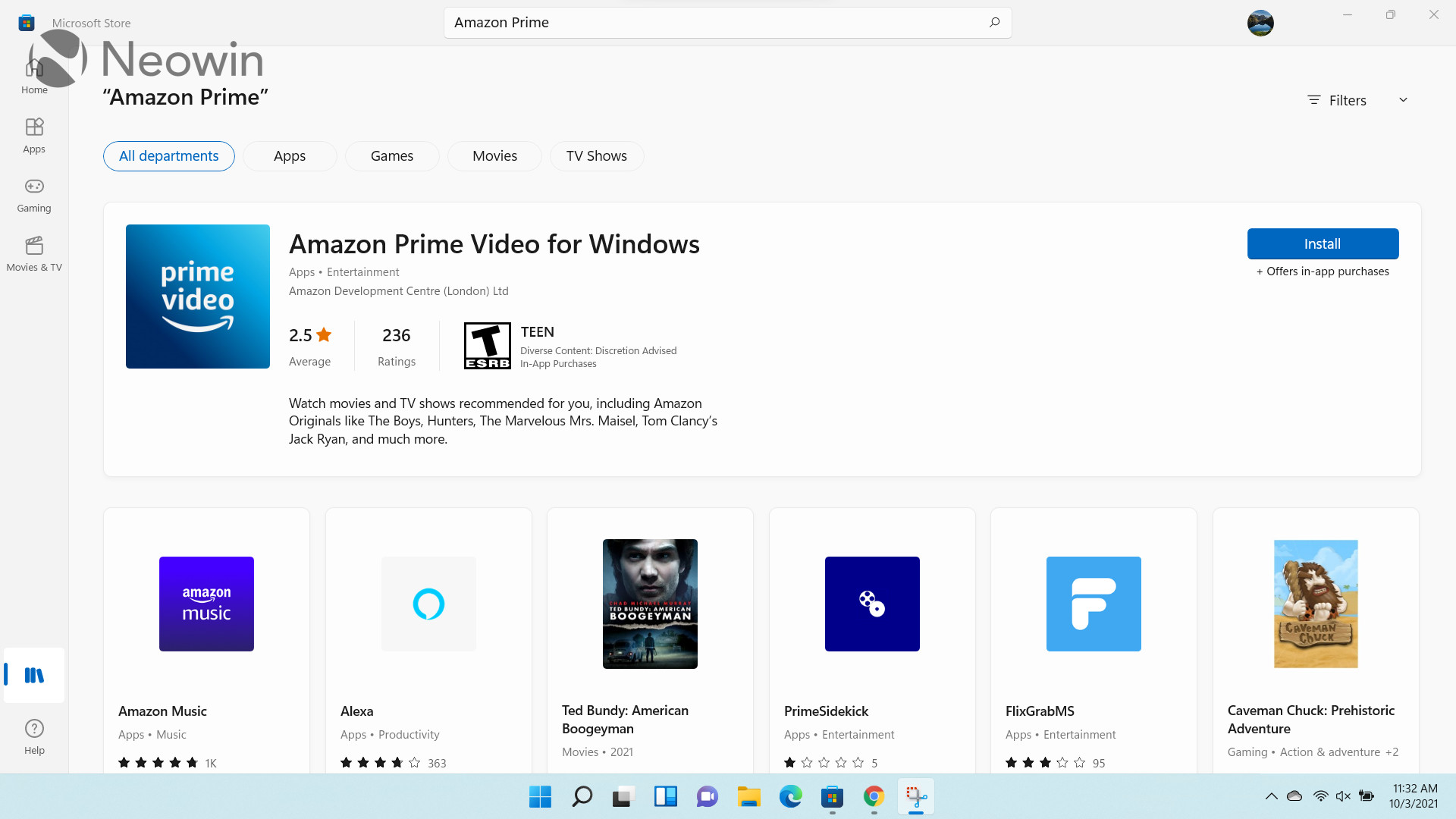 Screenshot of Search UI for Microsoft Store in Windows 11