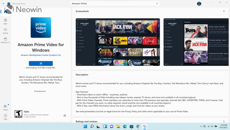 A screenshot of an Amazon Prime Video store listing in Microsoft Store for Windows 11