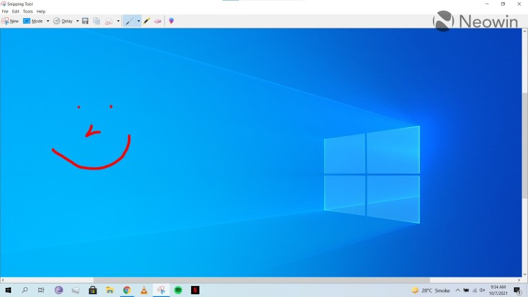 A screenshot of editing capabilities in Snipping Tool for Windows 10