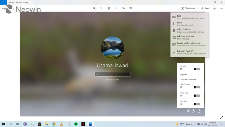 Editing UI for Photos in Windows 10