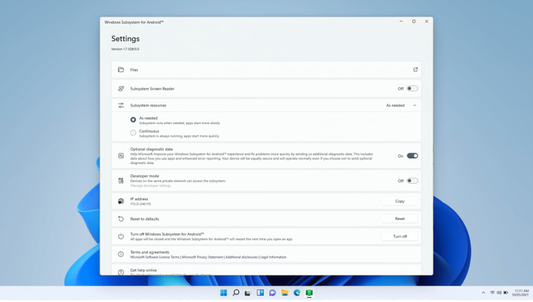 The settings app for Windows Subsystem for Android