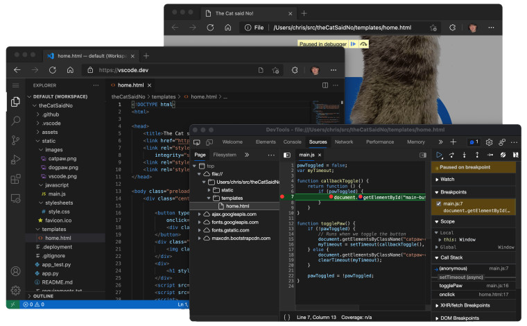 Screenshots of Visual Studio Code running on the web