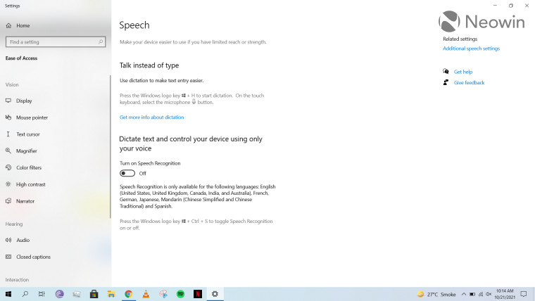 Voice typing settings in Windows 10