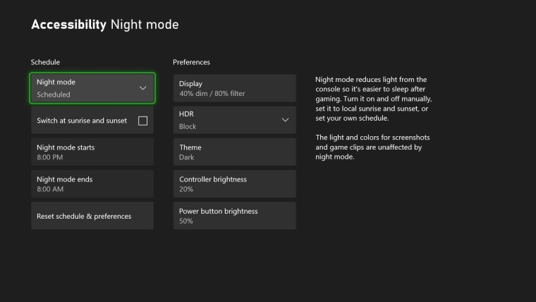 This is a screenshot of Night Mode on Xbox