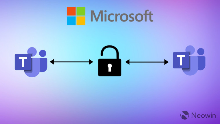 Microsoft icon on top Teams icons on left and right a lock in the middle and bidirectional arrows po