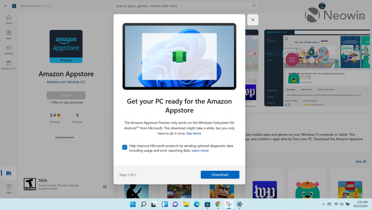 Amazon Appstore install experience on Windows 11